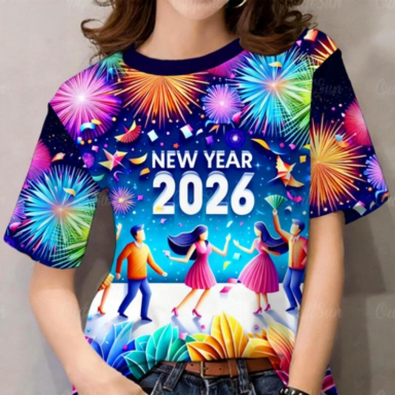 

New Year T-shirt - Short sleeved round neck bright color pattern 6XL