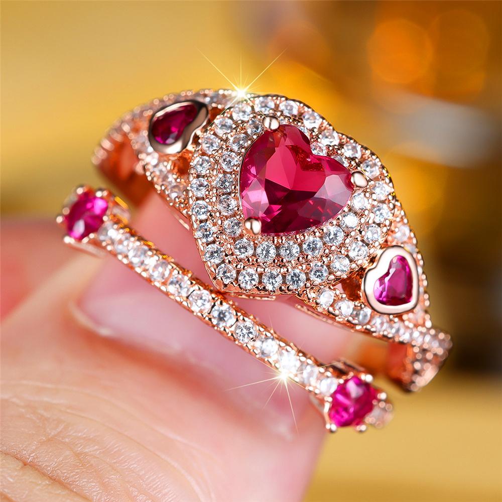 

Female White Red Zircon Stone Heart Engagement Ring Set Vintage Rose Gold Color Bridal Wedding Bands Party Jewelry For Women 10