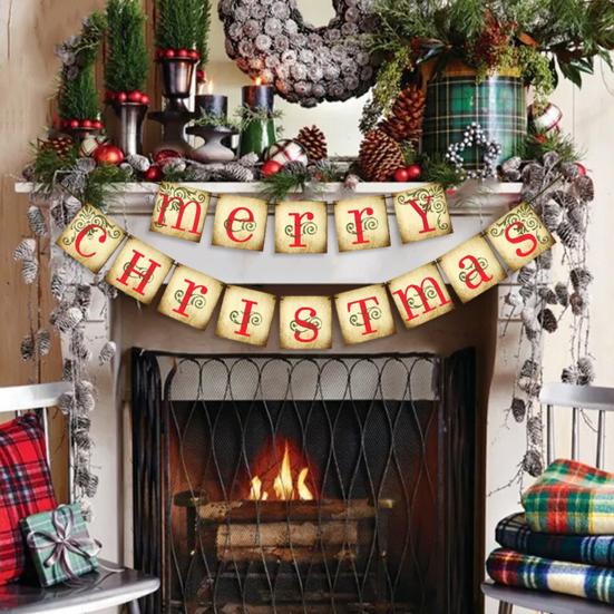 Yousheng Vintage Merry Christmas Banner Retro Nostalgic Christmas Garland Decoration for Indoor Home Office Wall Window Door Fireplace Mantle Xmas