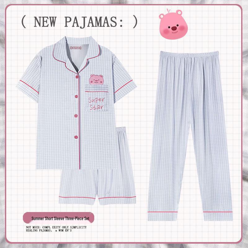 Pastoral Women's Pajama Set: Soft, Cute Rabbit Design, Short-Sleeve, Casual Three-Piece Loungewear.