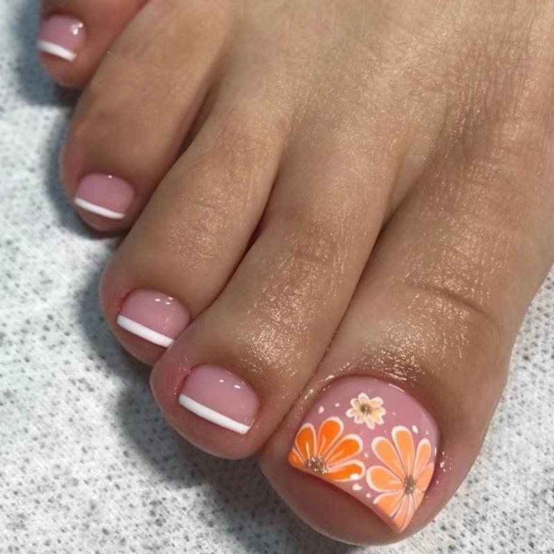 Wearing nail pads Simple white French wearing nail Premium fresh yellow flower toenail wearing nail nails