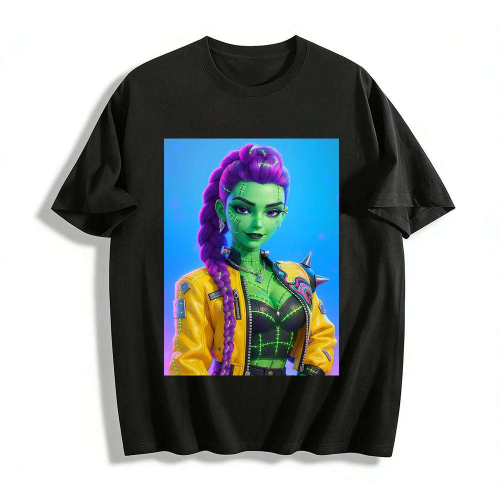 

Cyberpunk Frankenstein Style Printed Top Trendy Green Skin Purple Braid Streetwear Casual T-Shirt Pure cotton T-shirt XXS