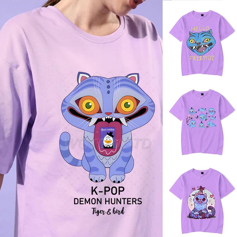 KPop Demon Hunters Print Tshirt Streetwear Cartoon Tiger Women Y2K Tops Hip Hop Tees Men Fashion Crewneck  Anime T-shirts