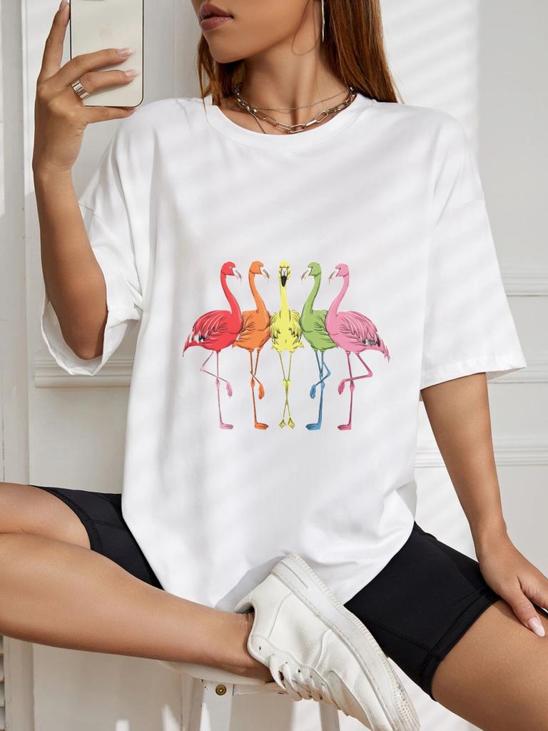 Camiseta Oversize Estampado de Flamenco Blanco Ropa Casual de Verano