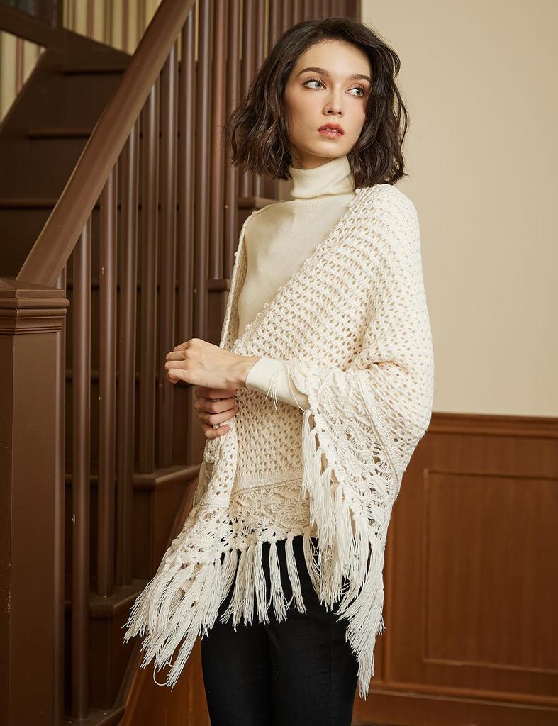 BEAUTELICATE Tassel Knit Solid Triangle Perfect for and Cream Women's Scarf, Large, Thick, Color, Shawl, Indoors, Office, Dates, Commuting, School,