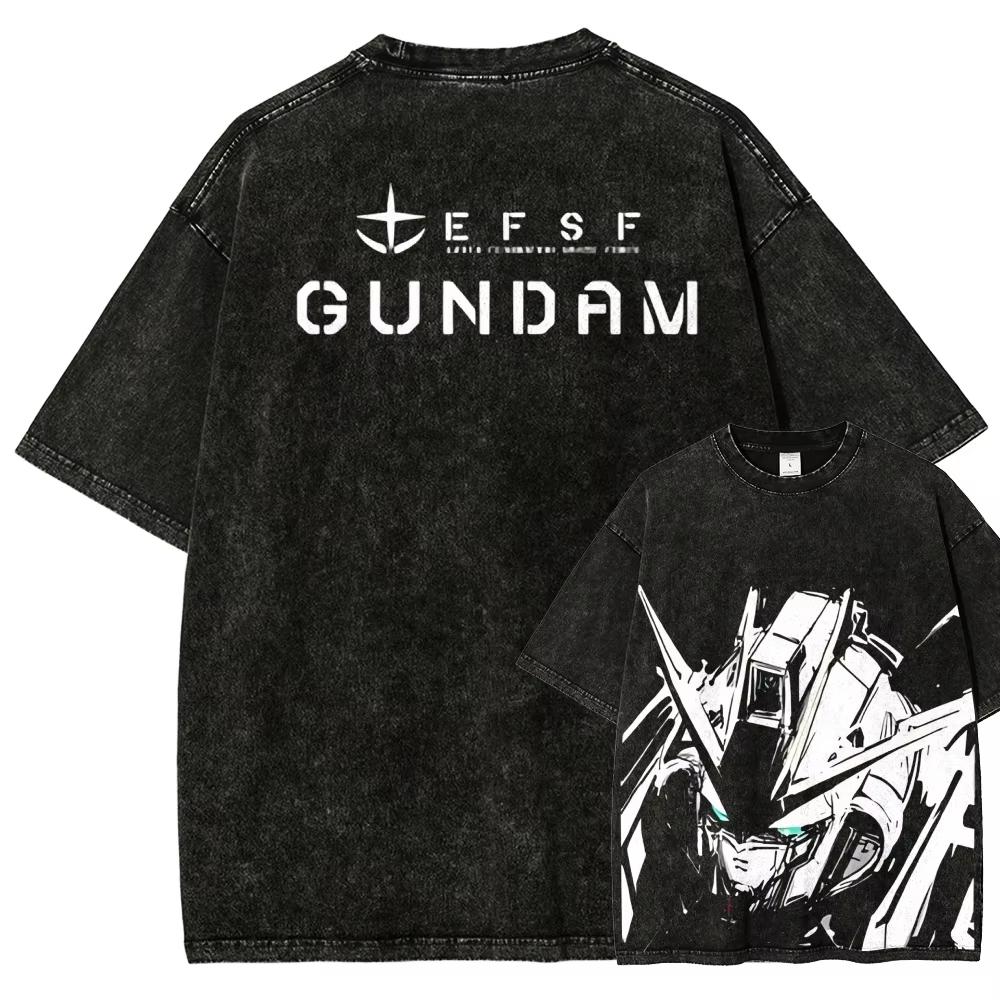 

Мужская футболка Gundam RX Винтажная с кислотной стиркой Меха Монохромная Уличная одежда Ретро Мобильный доспех Японская EFSF Графические футболки M