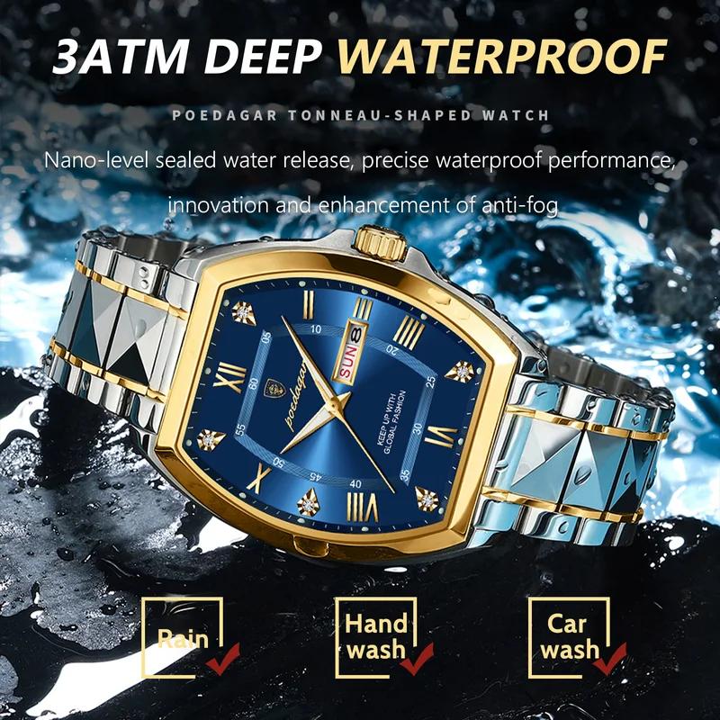 POEDAGAR Stainless Steel Watch Men Luxury Brand Business Luminous Waterproof Male Clock Tonneau Case Calendar Men Quartz Wristwatches