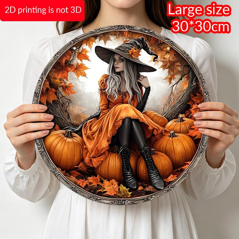 2D Flat, 1pc Pumpkin Witch Themed Round Metal Decorative Sign, Durable Aluminum Indoor Outdoor Decor for Bar Kitchen Cafe Home Office Decoration