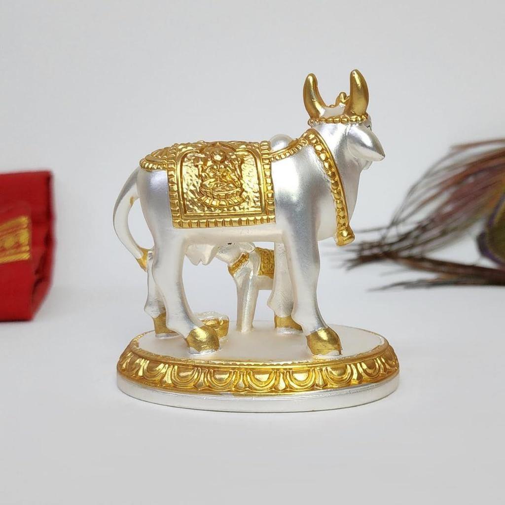 Kamdhenu Cow with Calf Idol Gold Silver Plated with Matte Finish | Home Decor Gaay Bachda Cow| Positive Energy | Wealth Idol Diwali Puja