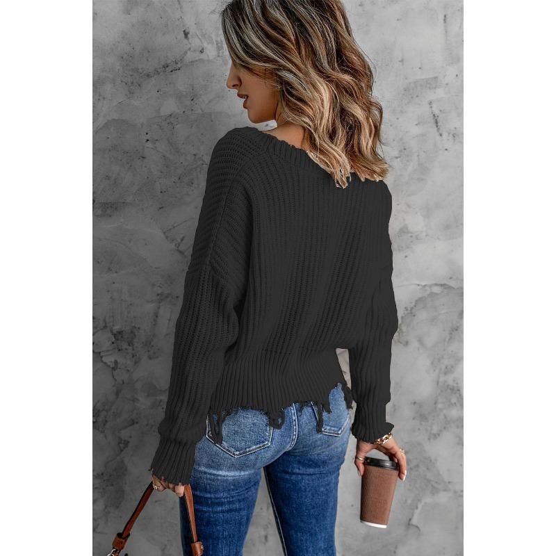 Autumn and Winter Fashion New Style Gray Cotton V-neck Long-sleeved Tassel Ripped Sweater, Casual Loose Blue Ladies Pullover Sweater  Top AL6101