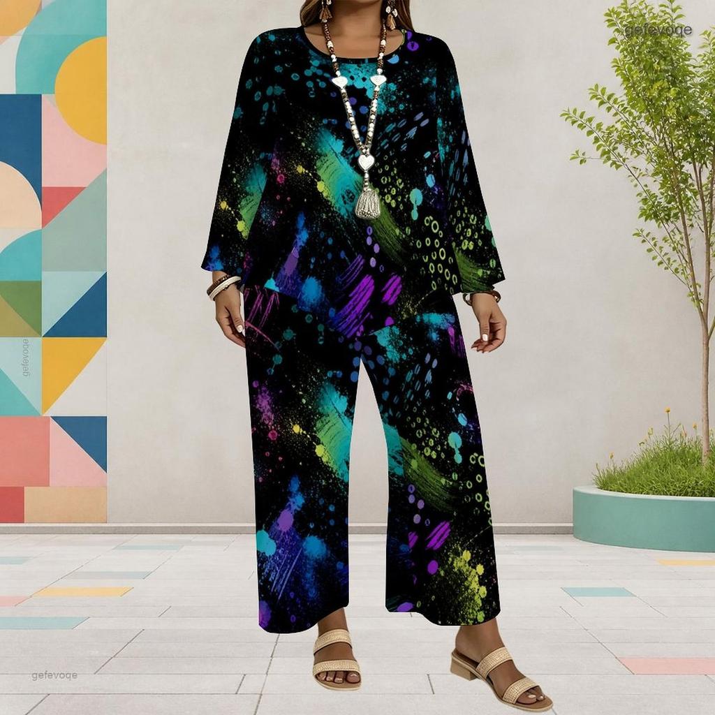 Women Plus Size Two Piece Set Round Neck Long Sleeve Printed Layered Top Wide Leg Cropped Pants