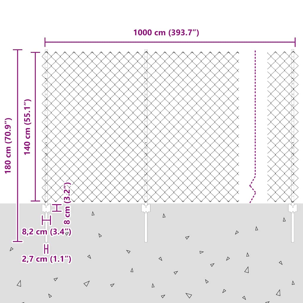 Chain Link Fence with Posts 10 x 1.4 m (W x H) Hot Dip Galvanized Steel