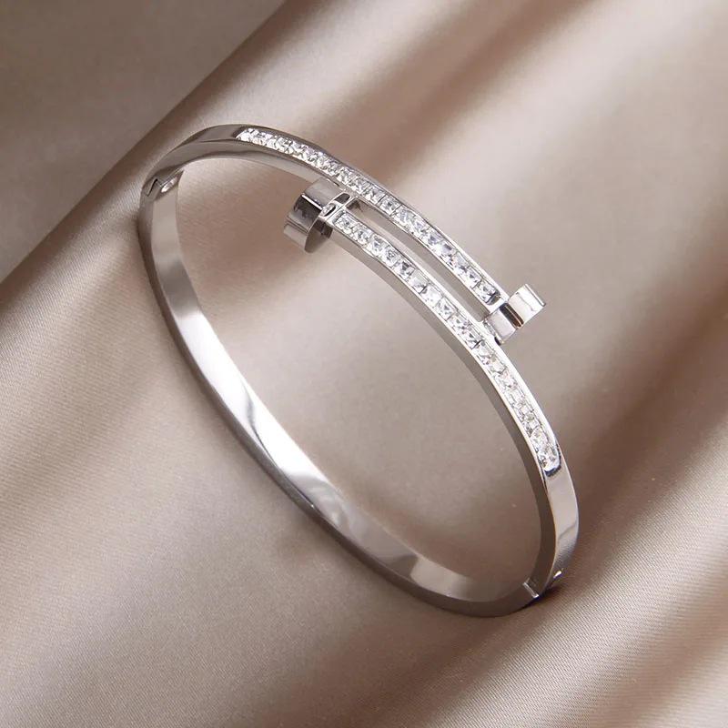Exquisite Titanium Steel Nail Bangle with Micro-Paved Zircon - High-End Women's Fashion Bracelet