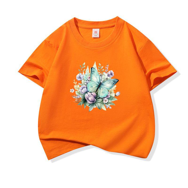 Kids Cotton T Shirt Mint Butterfly With Purple Flowers Print Crew Neck Short Sleeve Tee Casual Boys Girls Summer Tops