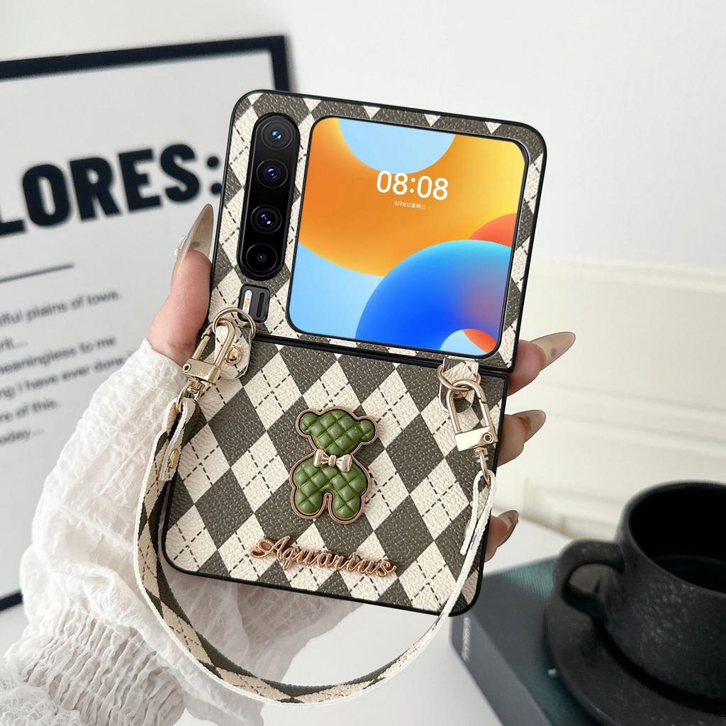 Applicable to Huawei purax mobile phone case plain leather rhombus X wide folding new bear portable belt lanyard protective case