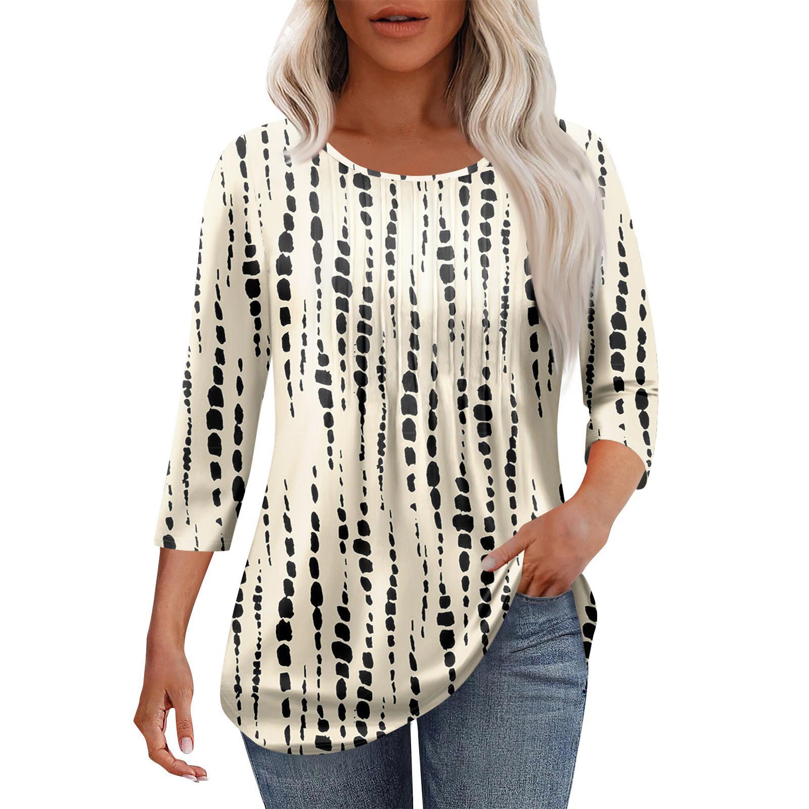 

Женская модная повседневная плиссированная футболка с круглым вырезом и принтом в стиле «отдых» с рукавом семь четвертей M хаки