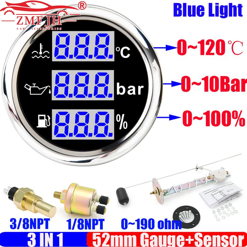 ZMFJH Blue LED Digital 3 IN 1 52MM Water Temperature Gauge+Oil Presssure+Fuel Gauge with Alarm Sensor Set for Car Boat 12V24V