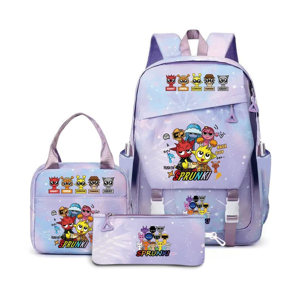 Around the box, elementary school bag sprunki cartoon backpack three-piece set D