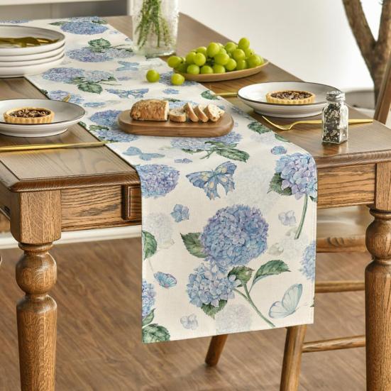 Floral Table Runner Spring Summer Linen Watercolor Flowers Plants Table Runner Machine Washable Table Protector for Home Farmhouse Dinner Party