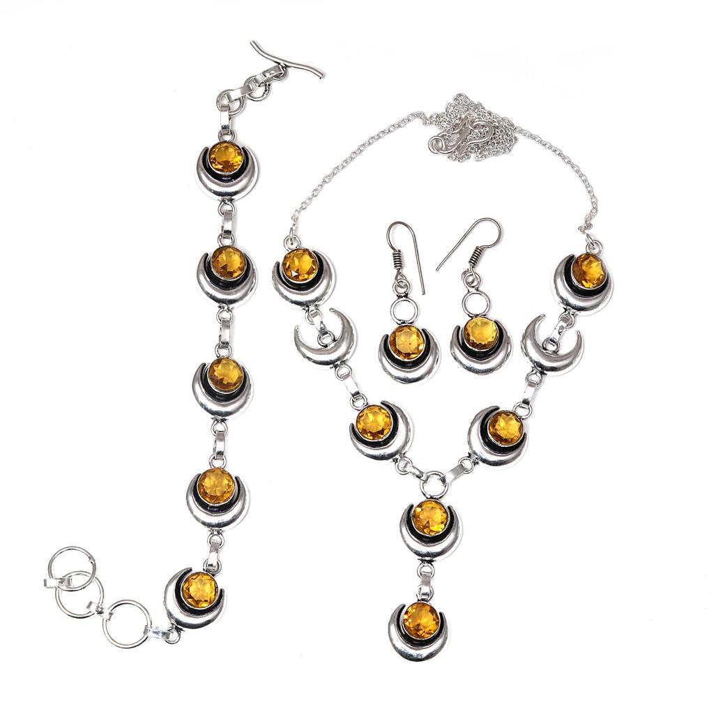 Citrine Quartz Gemstone Handmade Ethnic Jewelry Necklace Set 18-20''