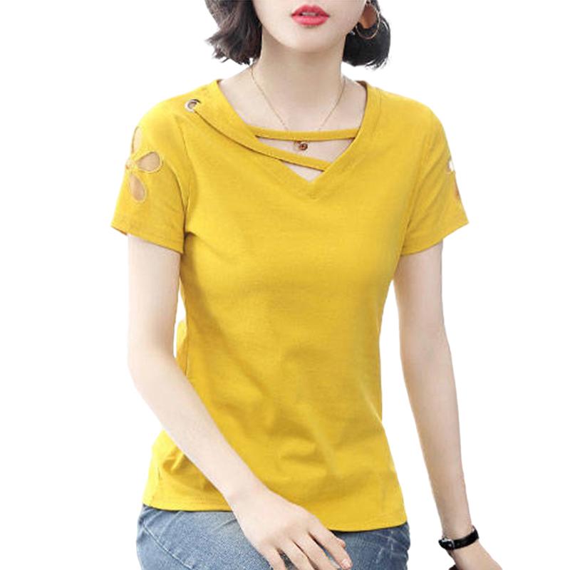 

Women s Short-Sleeved T-shirt Hollow out V-neck Black Shirt Summer Loose Top Wear Woman Tshirts Tops Mujer Camisetas 4XL жёлтый