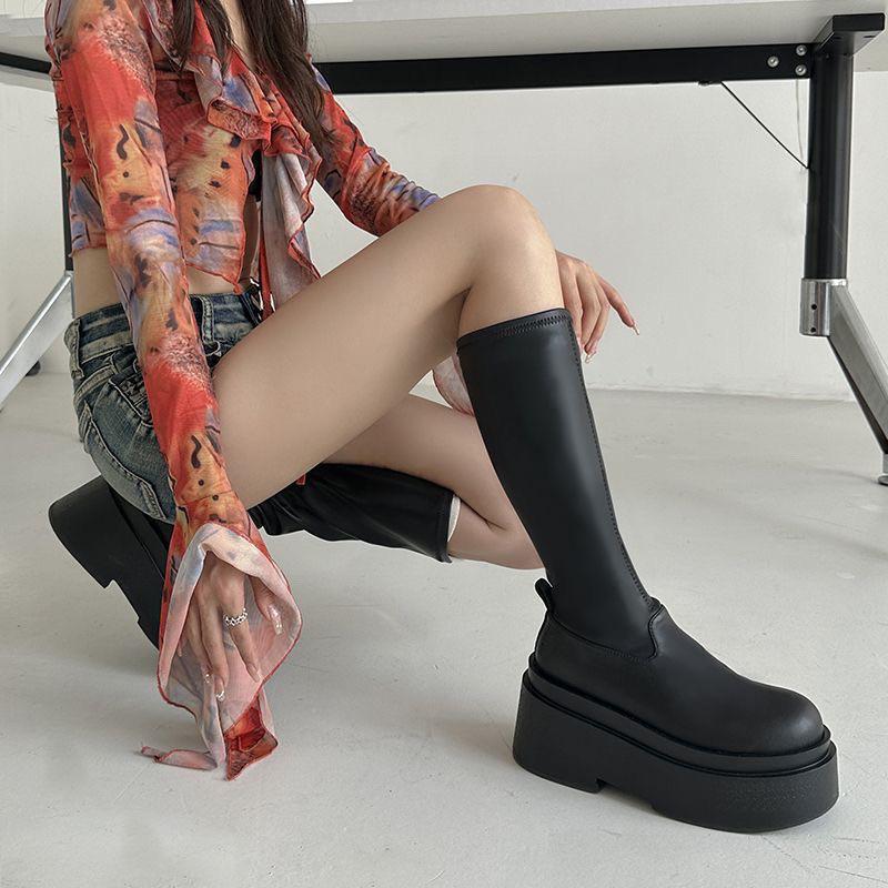 Petite Dames 2024 Vinter Lårhøye Ridestøvler med Elastisk Tykk Såle - Allsidig Slankende Stil