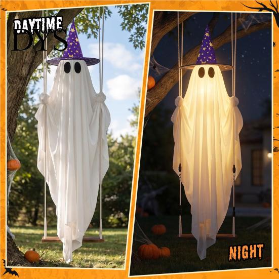 Ghost Decor with Hat Halloween Swing 2 Hats, Ornament LED Creepy String Light, Remote Control Glowing Hanging for Tree Porch Garden Swinging Pendant