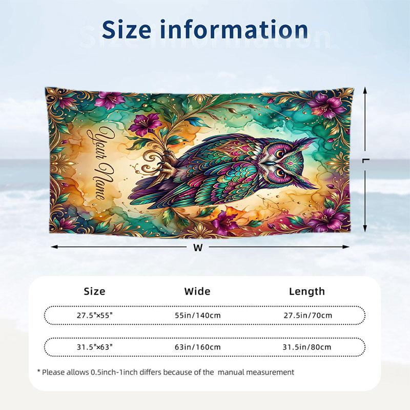 Ethereal Owl Dreamscape Theme Quick Dry Beach Towel Custom Name Text Print Large Sand Resistant Towel Beach Vacation