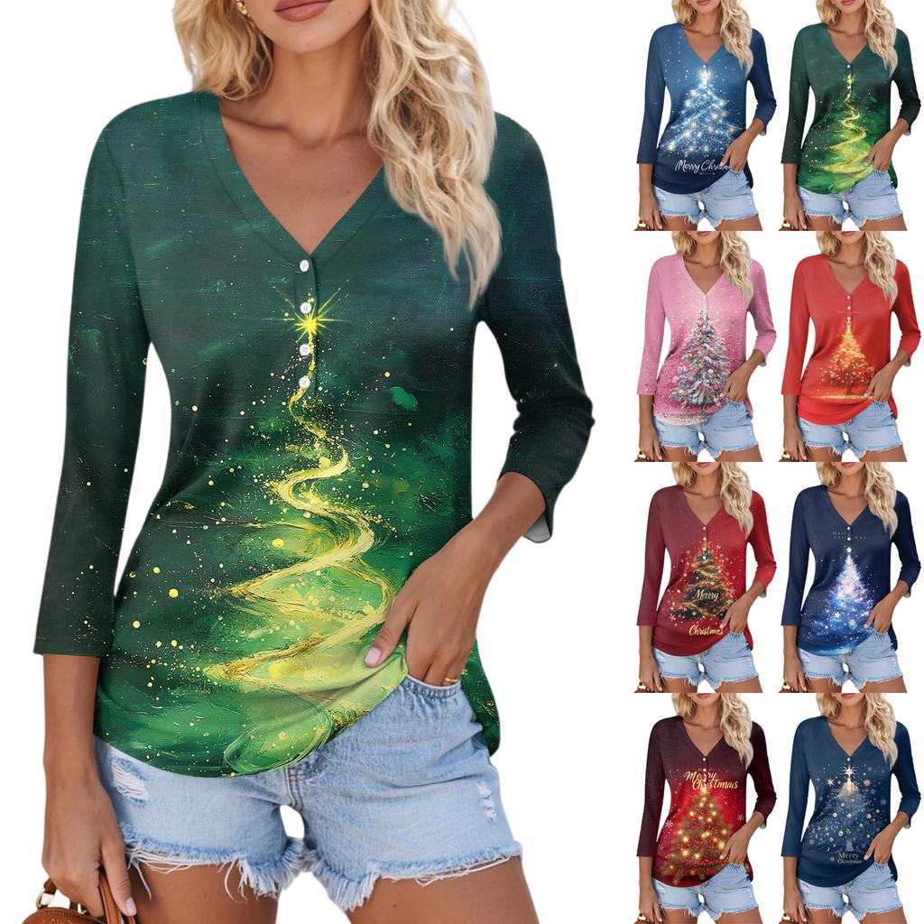 Women's Casual Fashion Sexy Comfortable Christmas Print V-Neck Button Three-quarter Sleeve Top