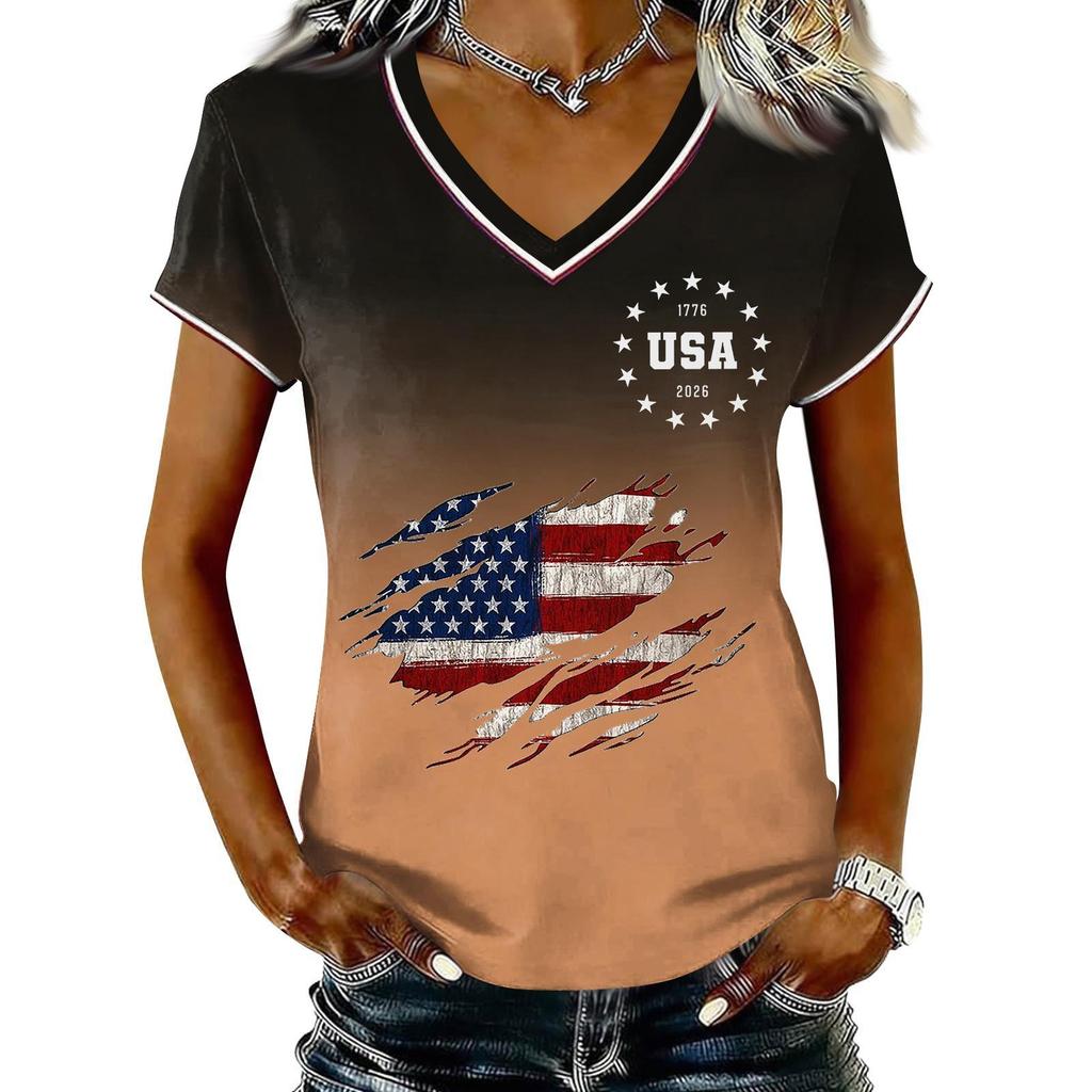 T-shirt Pull Col V Manches Courtes Décontracté pour Femme Imprimé Patriotique Dégradé Haut Jour de l'Indépendance T-shirt Graphique Drapeau USA