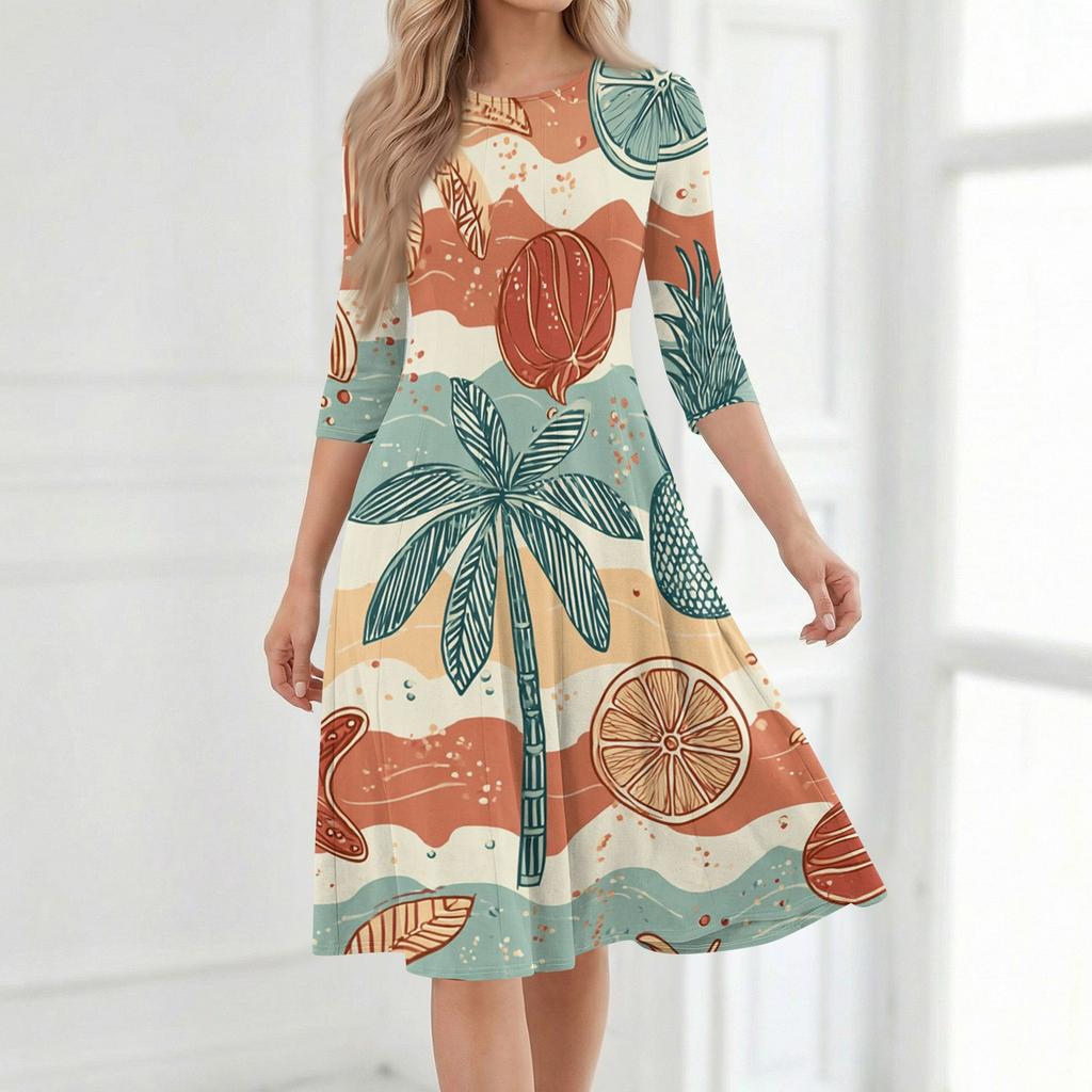 Summer Casual Mid-Length Hawaiian Print Round Neck Dresses for Women Relaxed Fit Dresses for Women Vacation Style Dresses for Women