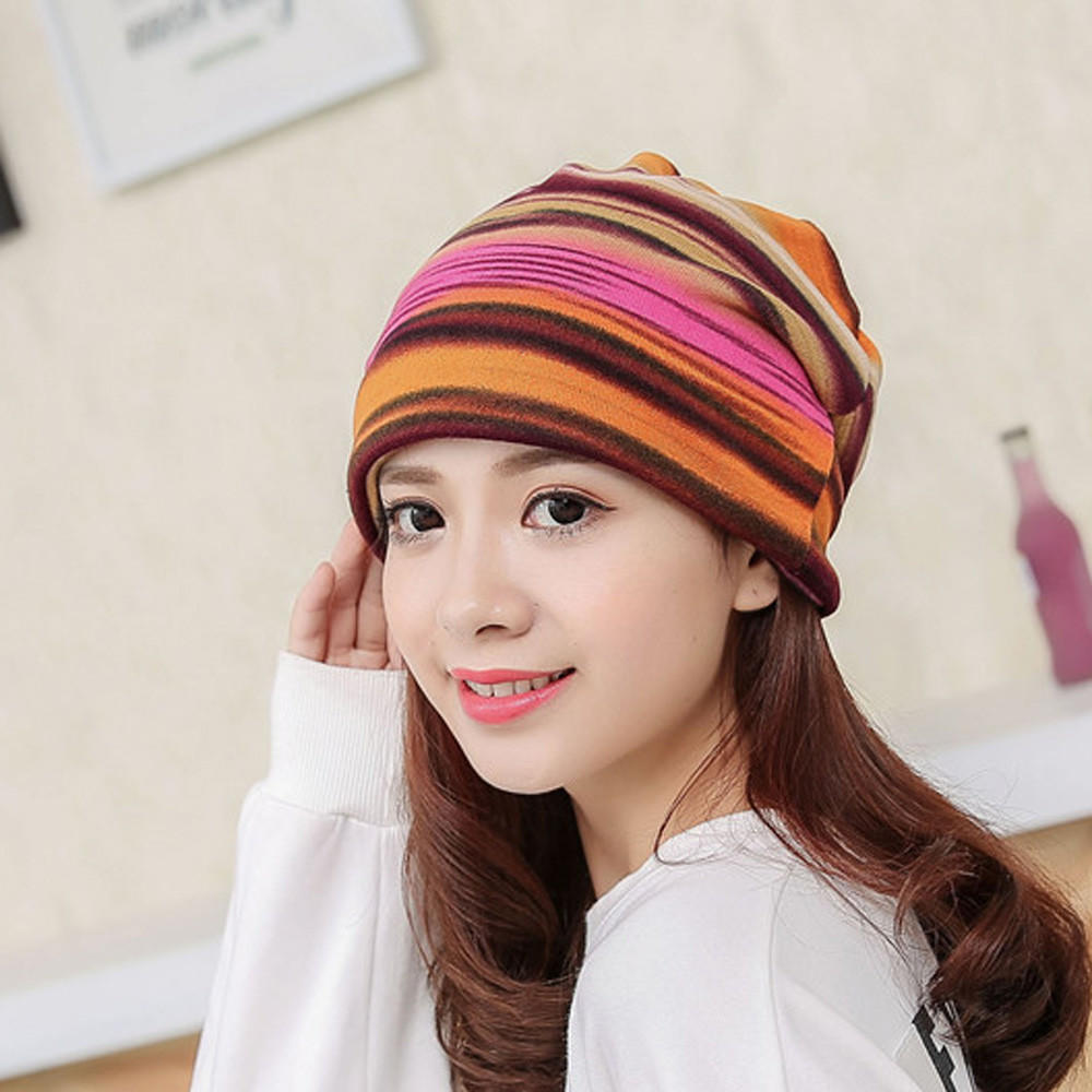 Women Stripe Hat Ruffle  Hat  Scarf  Collar Turban Head Wrap Cap
