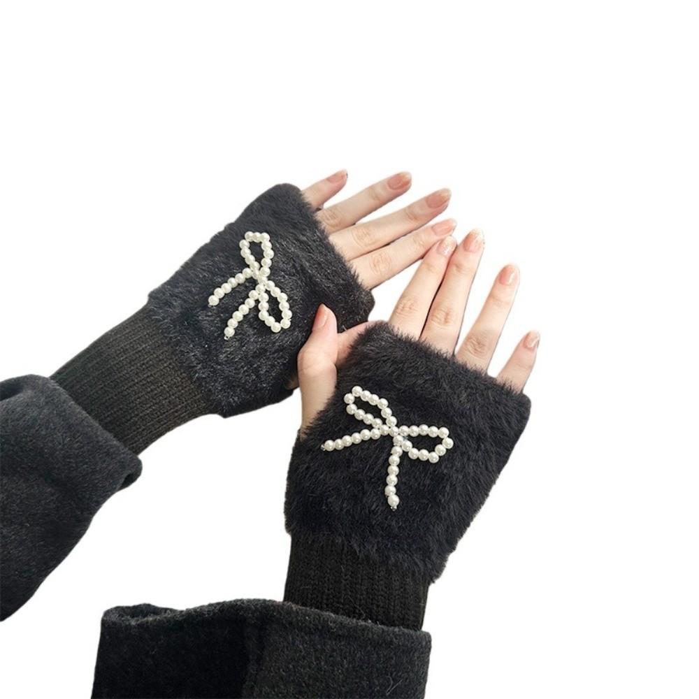 Pearl Bowknot Winter Fingerless Gloves Thickened Bow Gloves Softo= Wrist Sleeves Winter