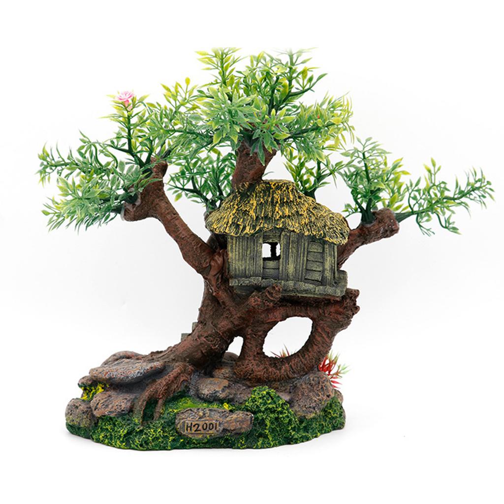Aquarium Resin Tree House Decoration for Fish for Tank Hideout with Rock Grass