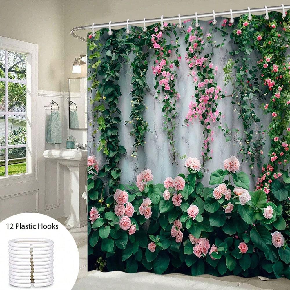 Outdoor Garden Shower Curtain Garden Landscape Ivy Pink Flowers Green Leaves Vine Green Plants Fabric Printing Modern Simple