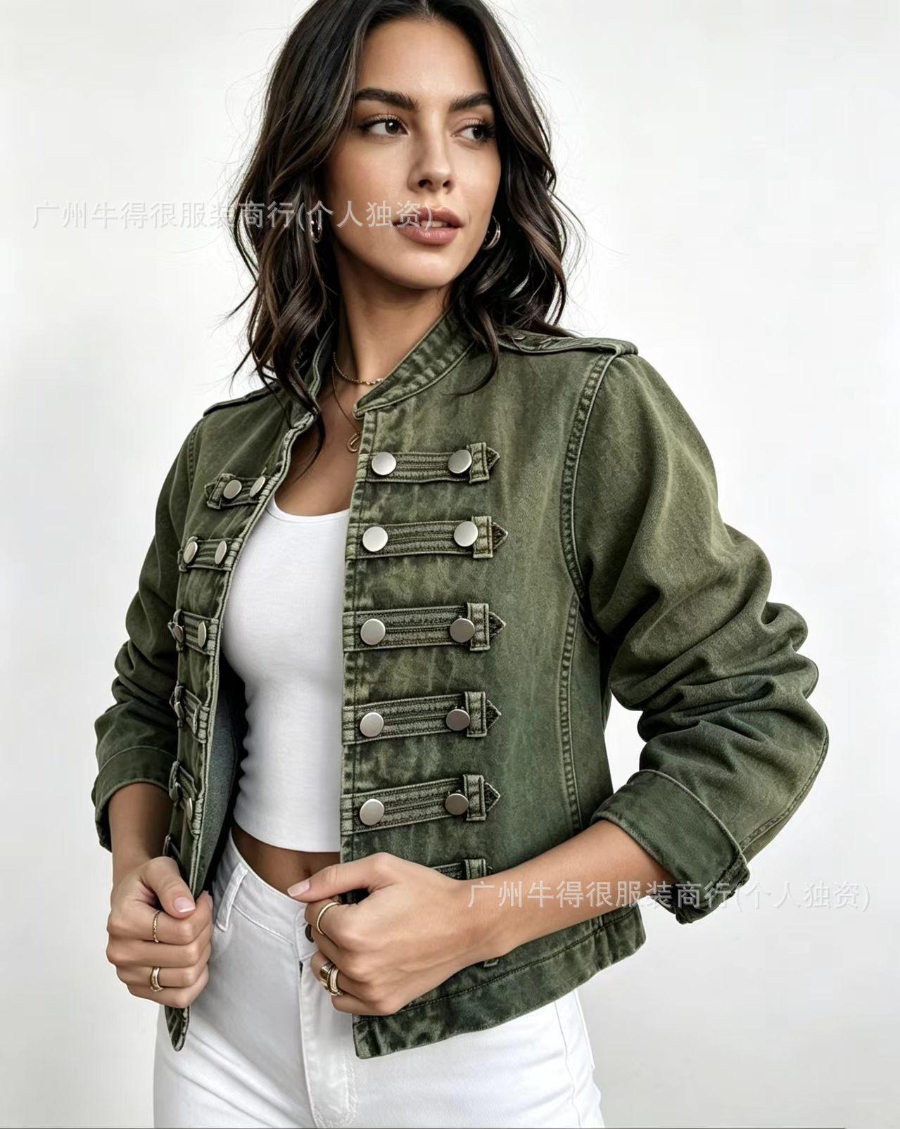Damen V-Ausschnitt Zweireihige Jeansjacke Langarm Knöpfe Lässig Jeansjacke mit ausgestelltem Ärmel L black