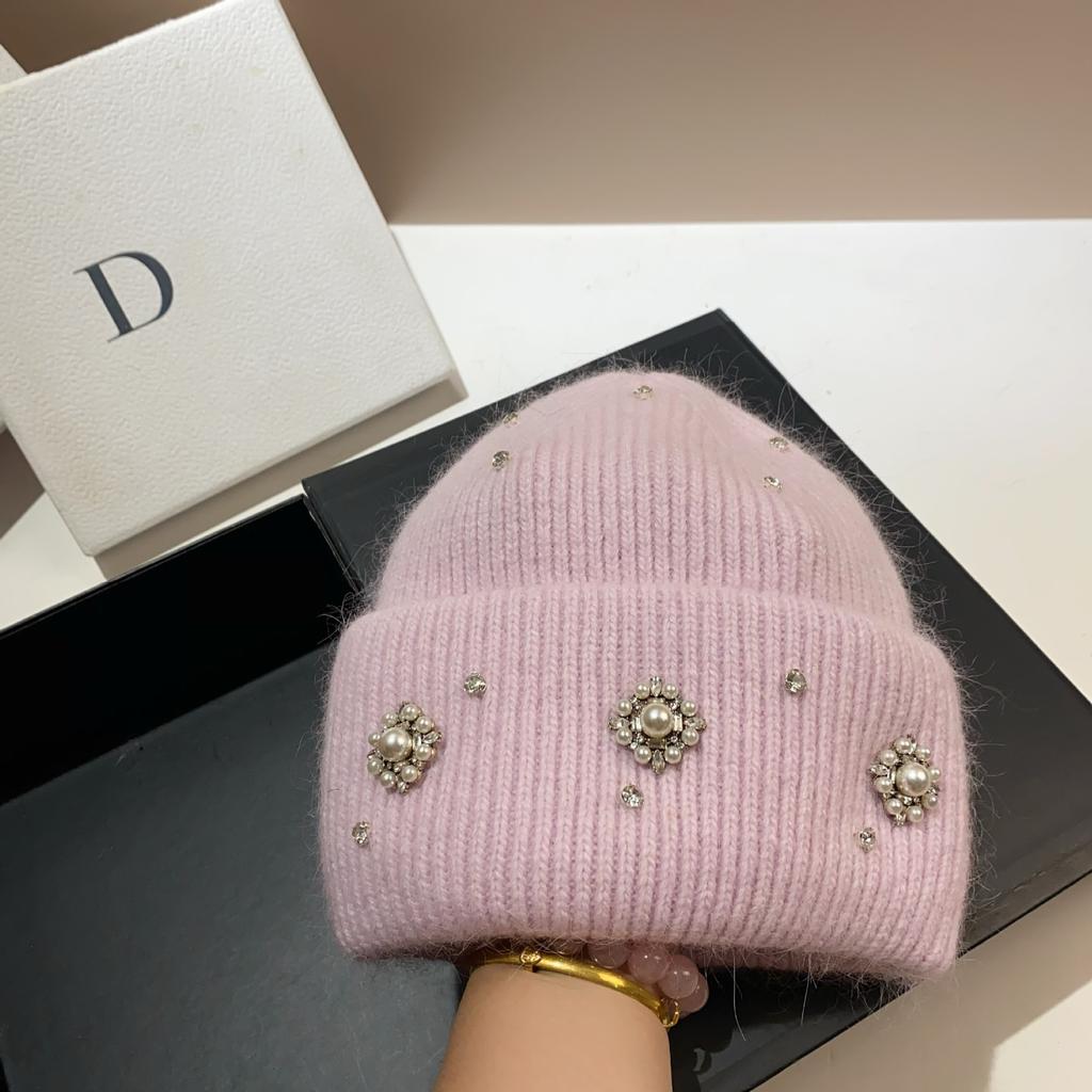 Palace Rhinestone Rabbit Fur Knitted Hat Princess Sweet Celebrity Xiaoxiangfeng Warm Ear Protection Wool Hat