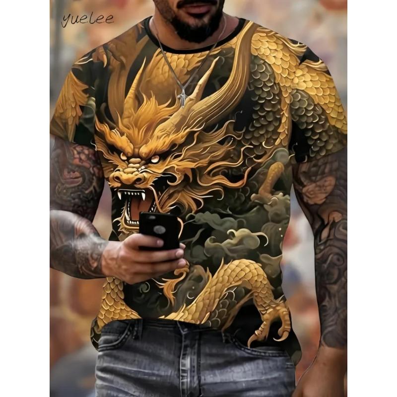Vintage Dragon Pattern Men's T-Shirts Summer Outdoor Men's Clothing Round Neck Men Short Sleeved Tee Printing Breathable Men Top