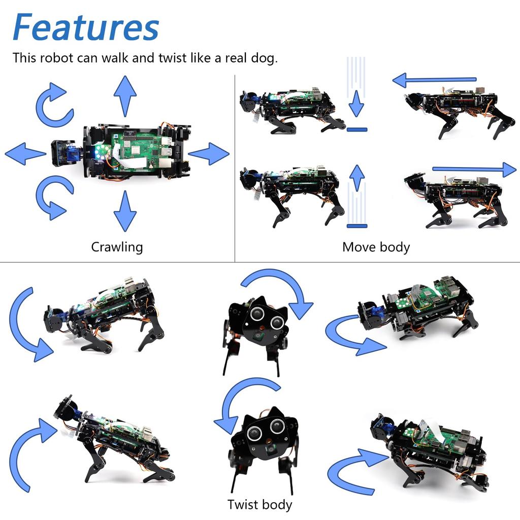 Freenove Robot Dog Kit for Raspberry Pi 5 4 B 3 Zero 2 Face Ball Ultrasonic App Servo Pi Not B+ W, Walking, Self-Balance, Recognition, Tracking,