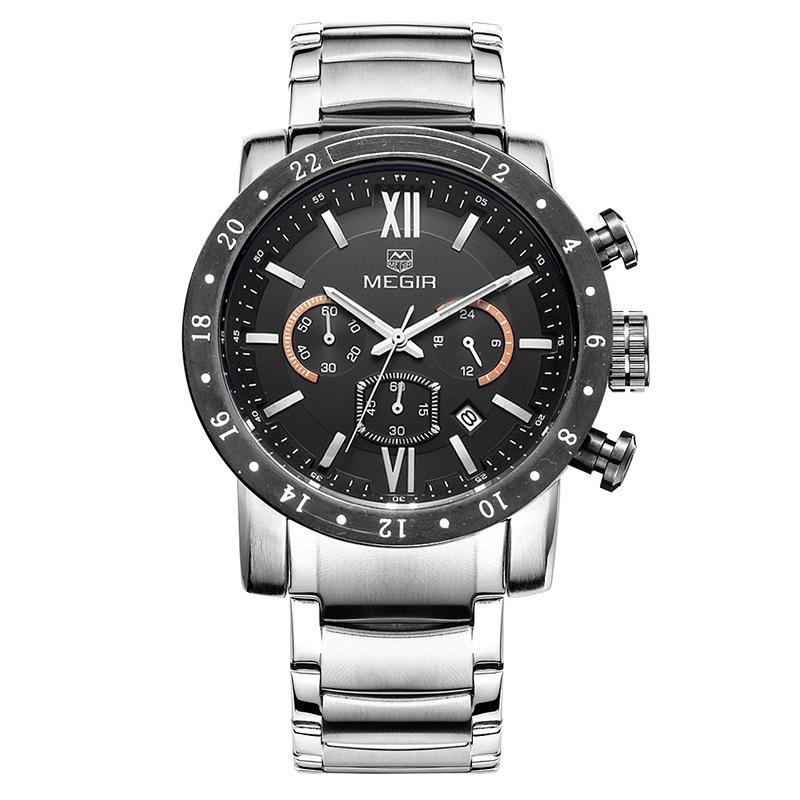 Megir 3008G 3008 Business Men's Dress Big Wrist Watches Chronograph Clock Stainless Steel Band 24 Hours Quartz Stop Watch Man