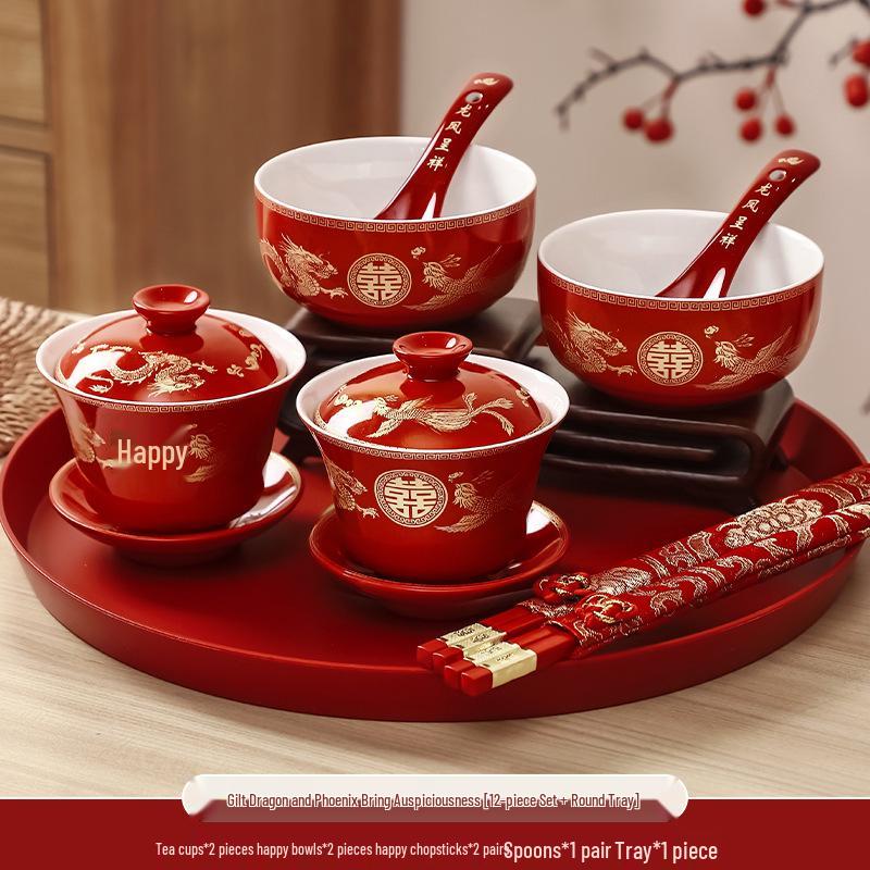 Red Wedding Tea Cups & Chopstick Set: A Perfect Bowl Set for Tea Toasting and Dowry.