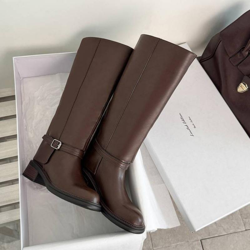 New Versatile Cowhide Martin Boots Solid Color Medium Heel Round Head Leather Tall Boots Autumn and Winter Thick-soled Large-size Women's Boots