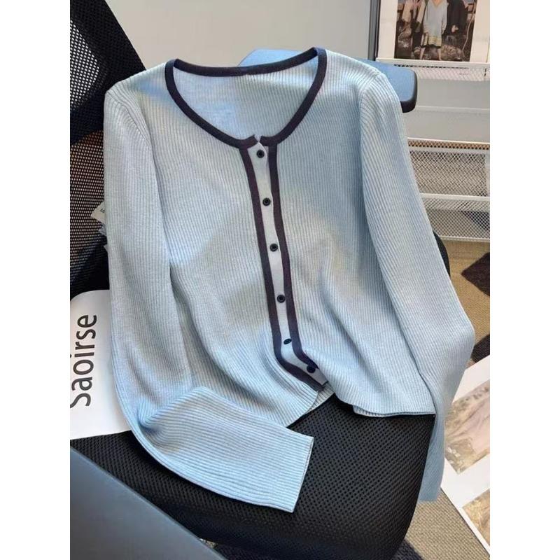 

Вязаный кардиган с длинным рукавом, осенний новый женский свитер большого размера, контрастных цветов, тонкий свитер, уникальный шикарный топ M/90-100 синий