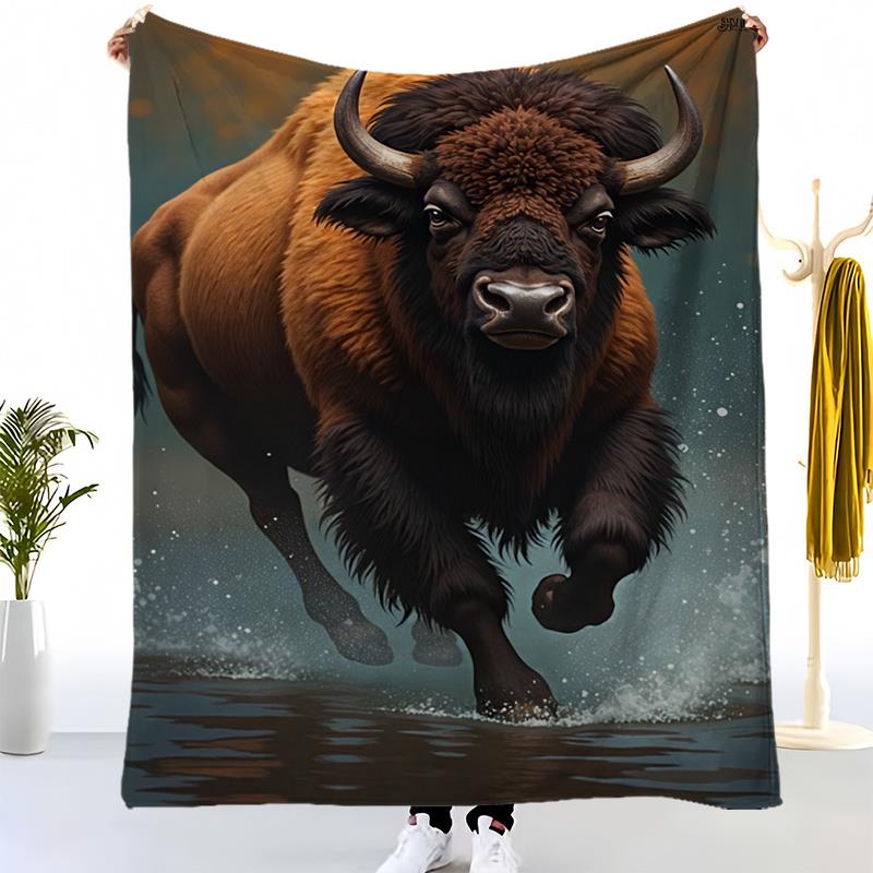 1pc Soft Flannel Heavyweight Blanket - All-Season Cozy Throw with Bold Brown Bull Graphic, Golden Contemporary Bedsprea 130x150cm51x59in