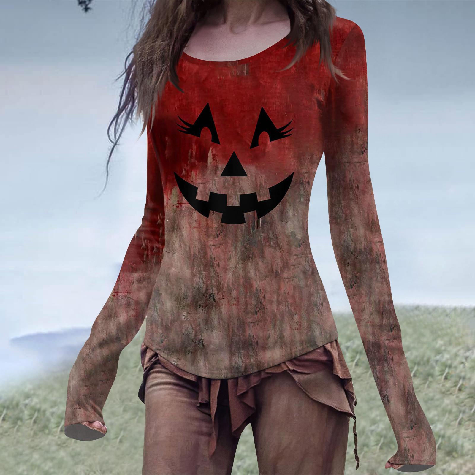 

Рубашка с кровавым принтом на Хэллоуин, женская, с длинным рукавом и круглым вырезом, забавный узор ужасов, свободная, повседневная, осенняя рубашка XXXL бежевый