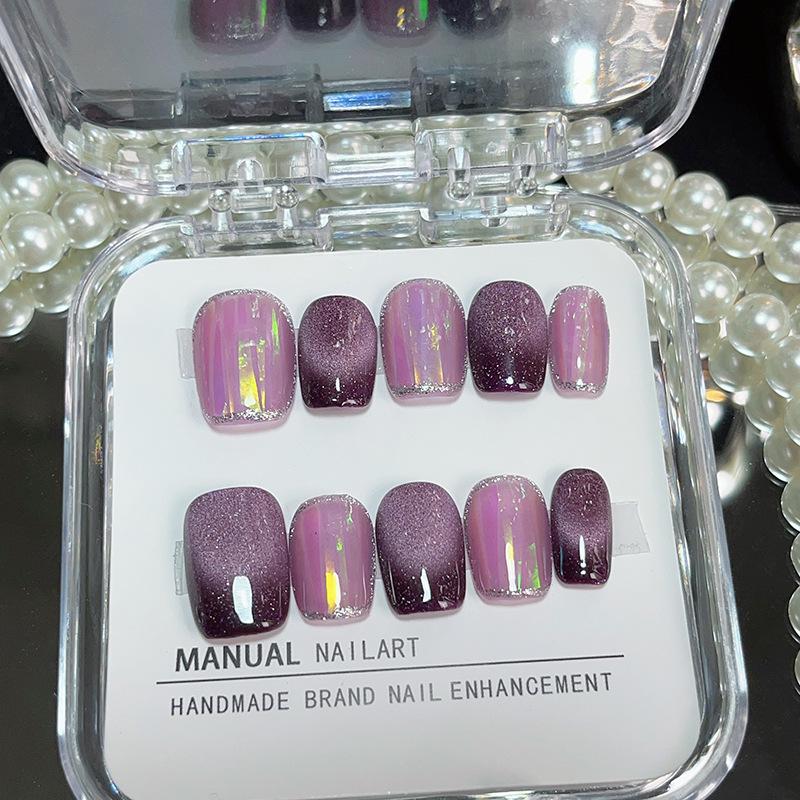 

Ручная работа Фиолетовый Кошачий глаз Гель Накладные ногти – Съемные Патчи для нейл-арта Purple L - Short Square