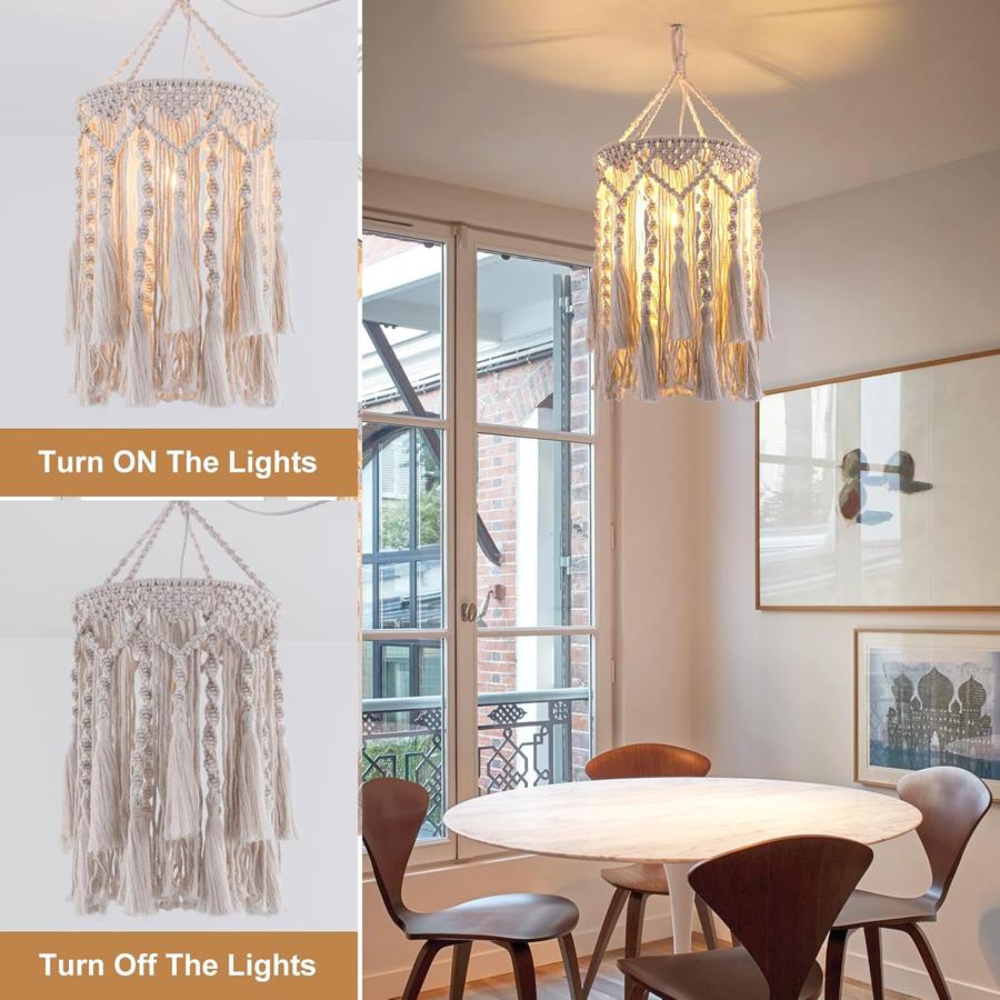 Boho Lamp Plug in Pendant Light Fixture with bulb,Plug in cord Ceiling Light Hanging Handmade Macrame Bedroom Livingroom Decor