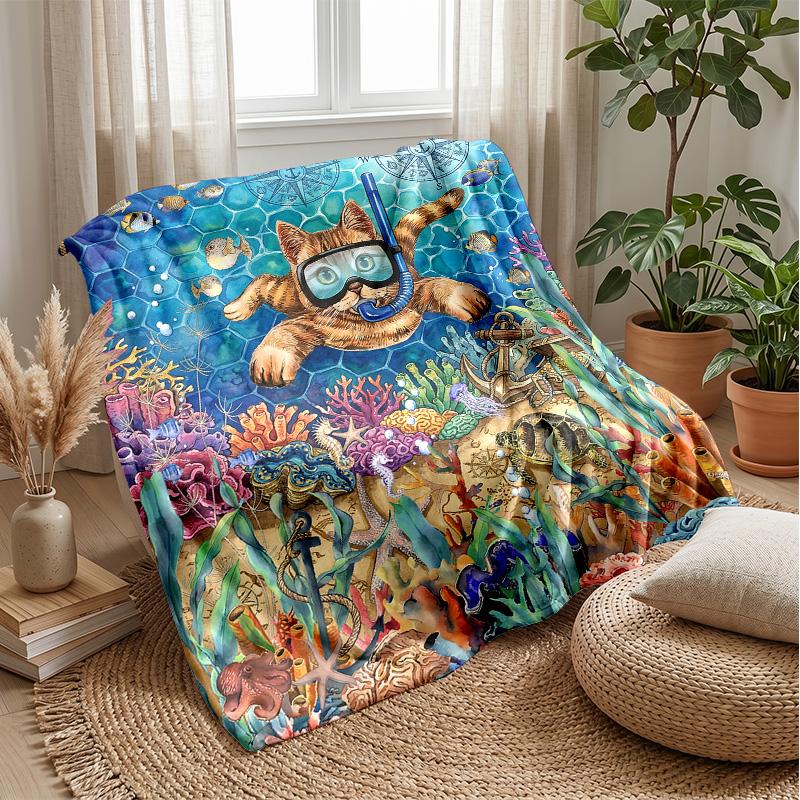 Underwater Cat Adventure 1 Theme Blanket Lightweight Warm Flannel Blanket Decorative Throw Blanket for Home Decoration