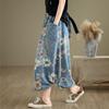 Vår Høst Kvinner Midi Denim Skjørt Elastisk Midje Blomstertrykk Vintage Skjørt Retro Elegant Dameskjørt Med Lommer