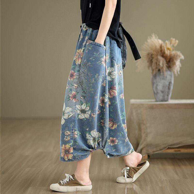 Vår Høst Kvinner Midi Denim Skjørt Elastisk Midje Blomstertrykk Vintage Skjørt Retro Elegant Dameskjørt Med Lommer